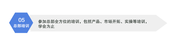 参加总部全方位的培训，包括产品、市场开拓、实操等培训，学会为止